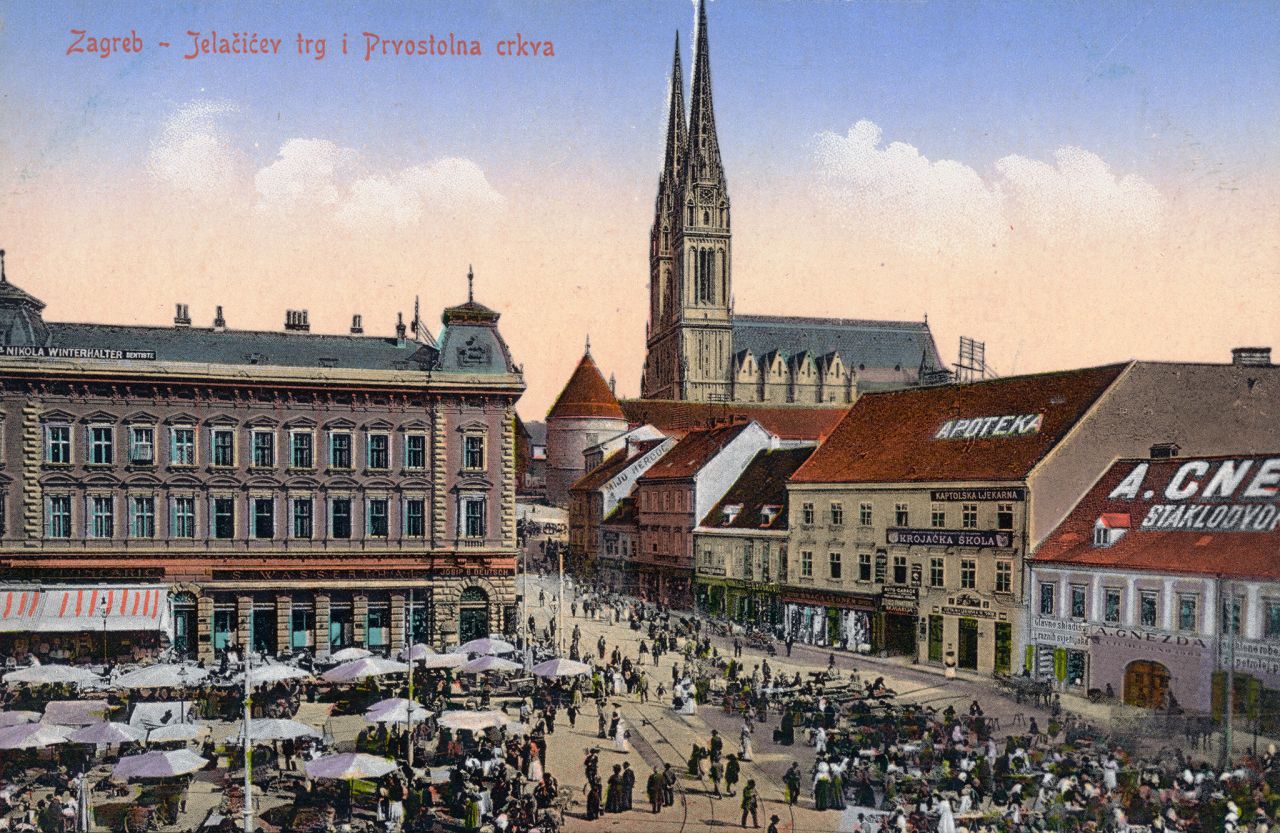 Trg bana Jelačića, oko 1912. godine, kolorirana razglednica